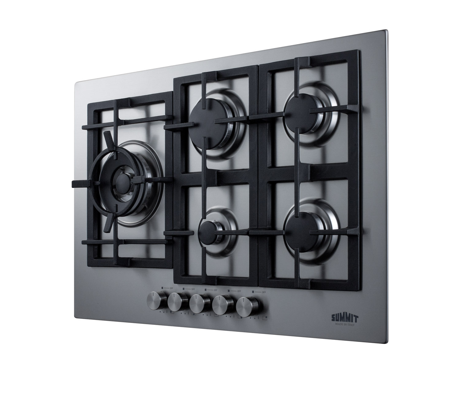 5-burner LP gas cooktop made in Italy with sealed burners, multiple heating outputs, a 304 grade stainless steel surface, and continuous cast iron grates